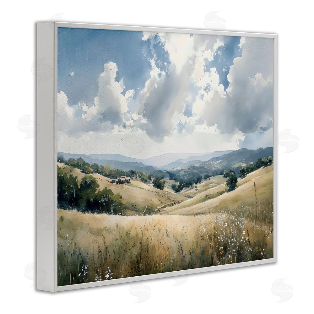 Franklyn Gregory Distant Hill House in Meadow White Framed Giclee Wall Art Print