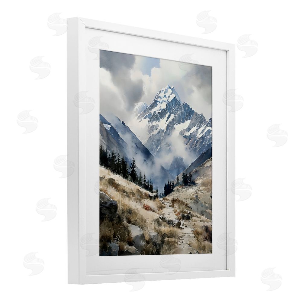 Franklyn Gregory Snow Caps Mountain Peaks White Framed Print Under Glass with White Mat Wall Art