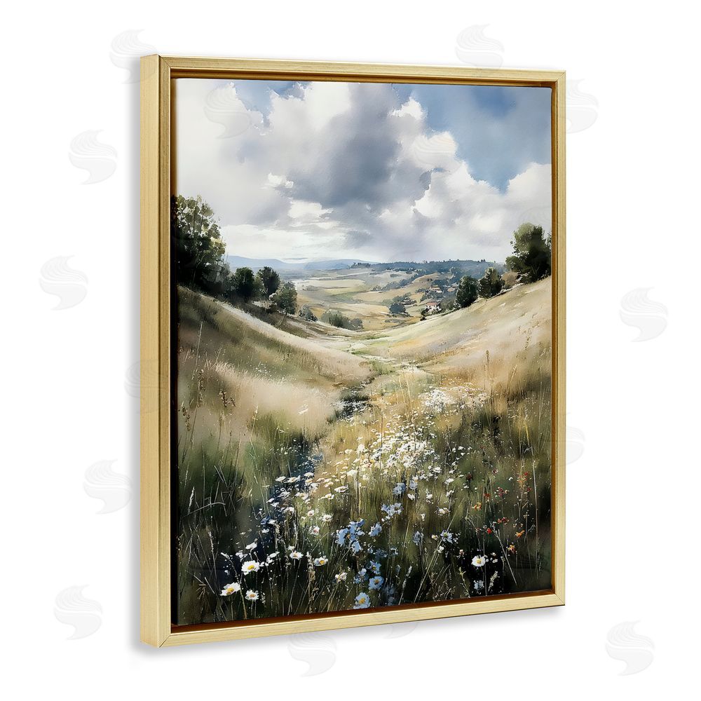 Franklyn Gregory Floral Valley of Wild Daisies Gold Floating Framed Canvas Wall Art
