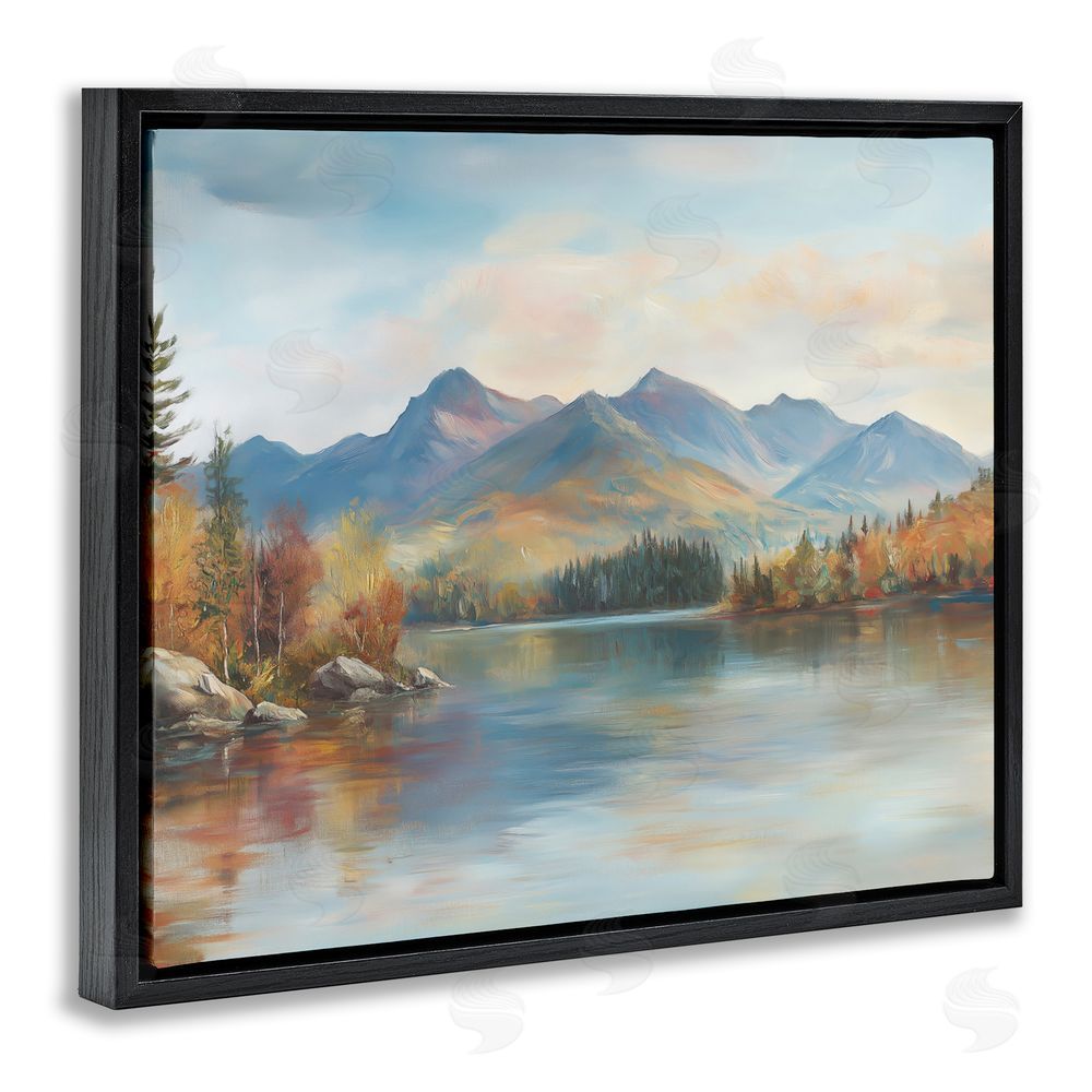 LSR Design Studio Rustic Lake Landscape in Fall Black Floating Framed Canvas Wall Art Print