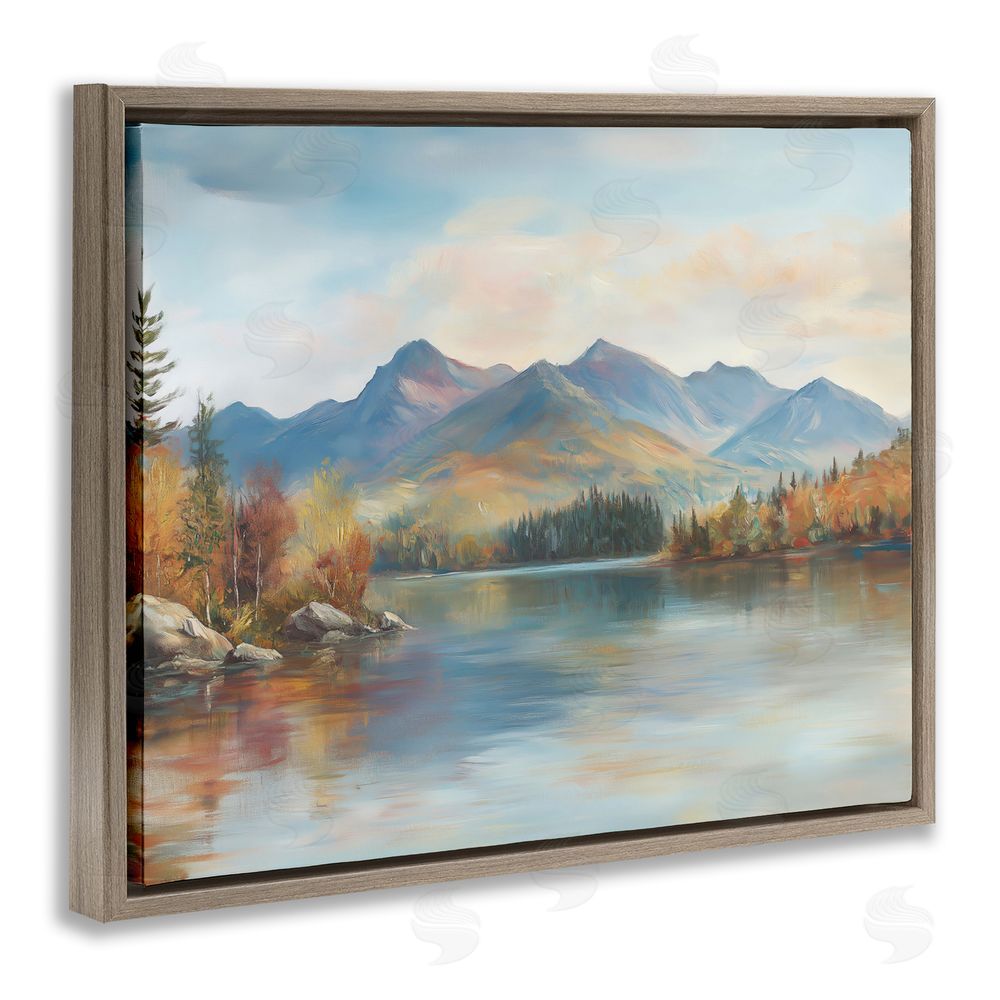 LSR Design Studio Rustic Lake Landscape in Fall Brown Floating Framed Canvas Wall Art Print