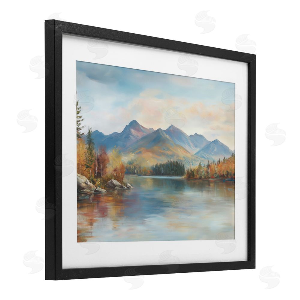 LSR Design Studio Rustic Lake Landscape in Fall Black Framed Print Under Glass with White Mat Wall Art