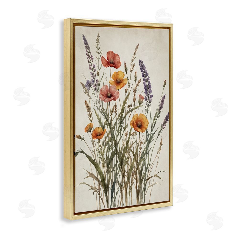 Nataly White Vintage Collection of Meadow Botanicals Gold Floating Framed Canvas Wall Art Print