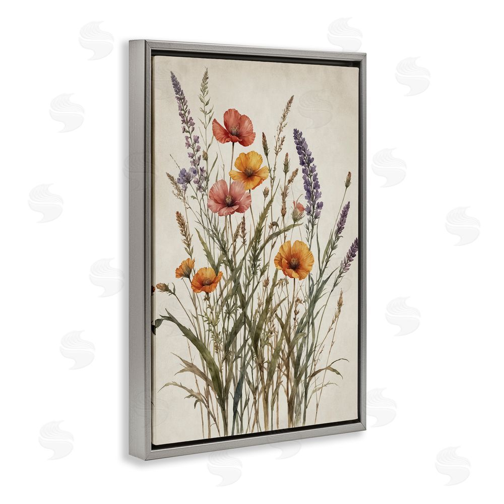 Nataly White Vintage Collection of Meadow Botanicals Gray Floating Framed Canvas Wall Art Print