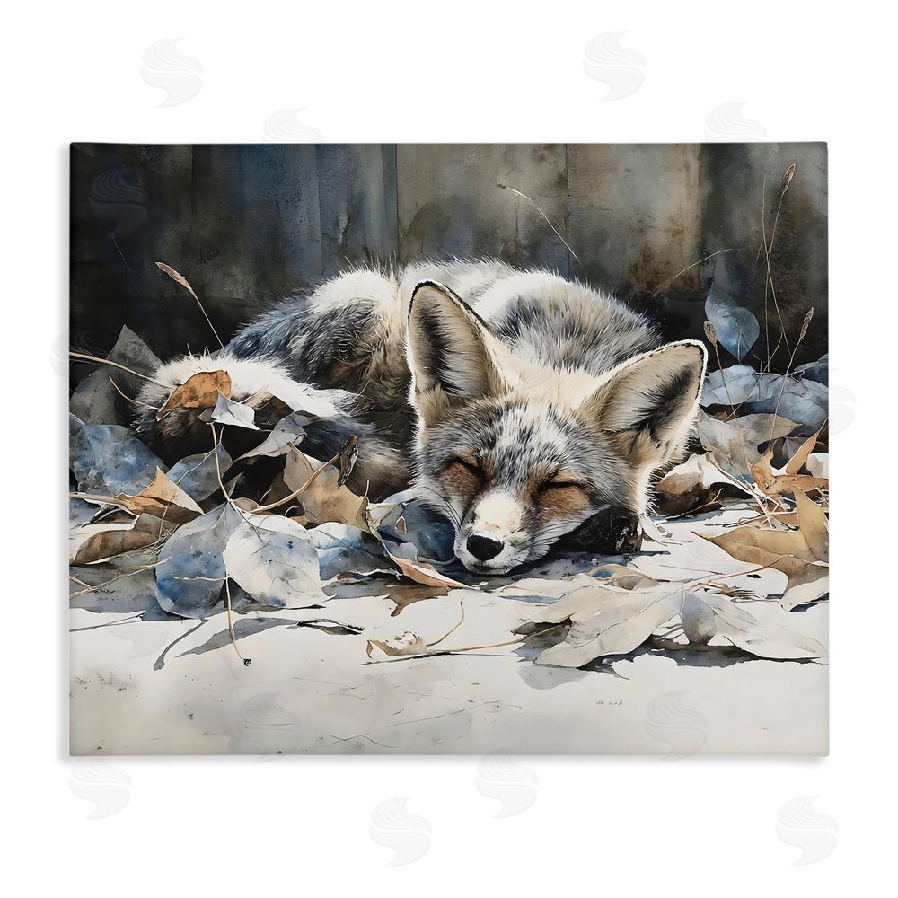 Franklyn Gregory Blue Fox Resting Among Leaves Stretched Canvas Wall Art Print
