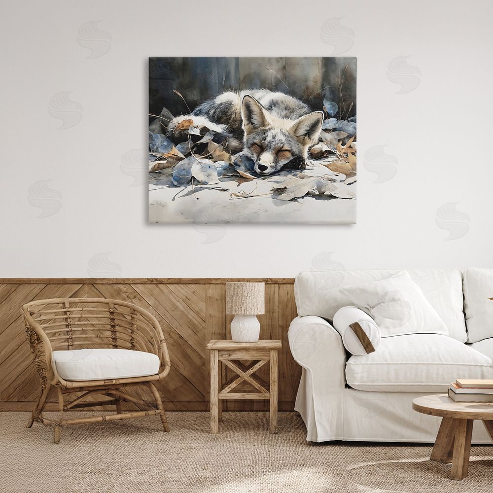 Franklyn Gregory Blue Fox Resting Among Leaves Stretched Canvas Wall Art Print in Room