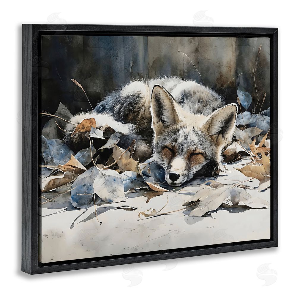 Franklyn Gregory Blue Fox Resting Among Leaves Black Floating Frame Stretched Canvas Wall Art Print