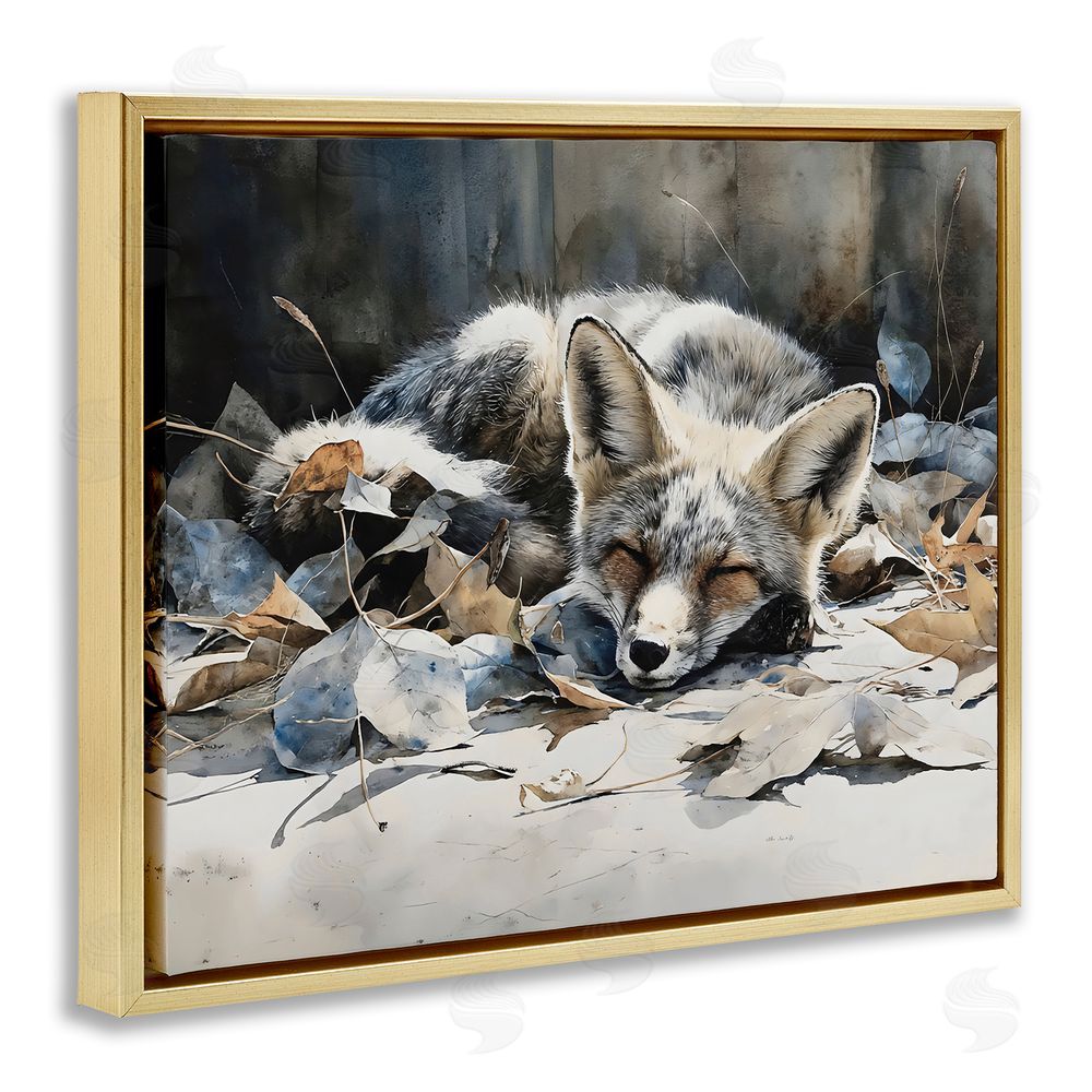 Franklyn Gregory Blue Fox Resting Among Leaves Gold Floating Frame Stretched Canvas Wall Art Print