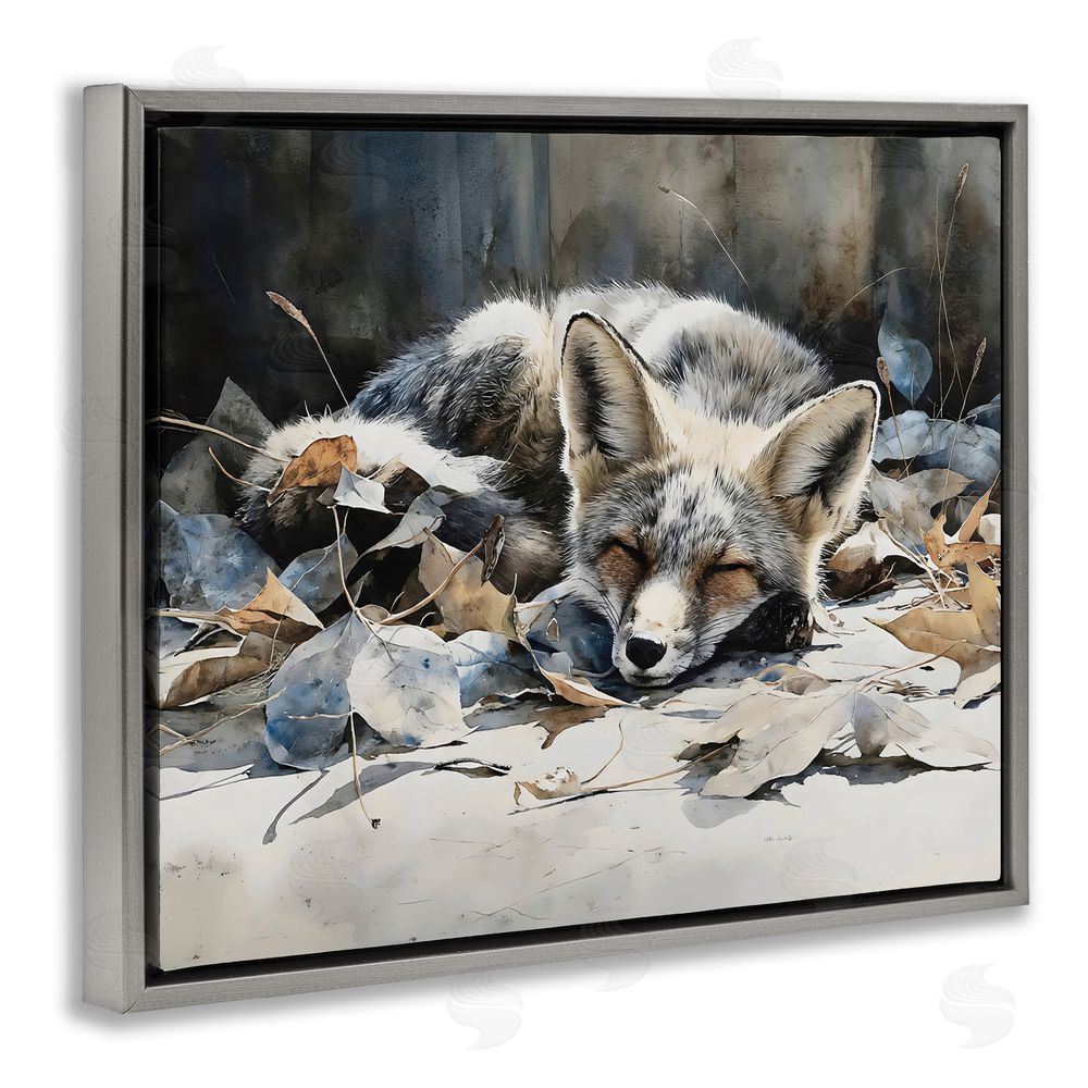 Franklyn Gregory Blue Fox Resting Among Leaves Gray Floating Frame Stretched Canvas Wall Art Print