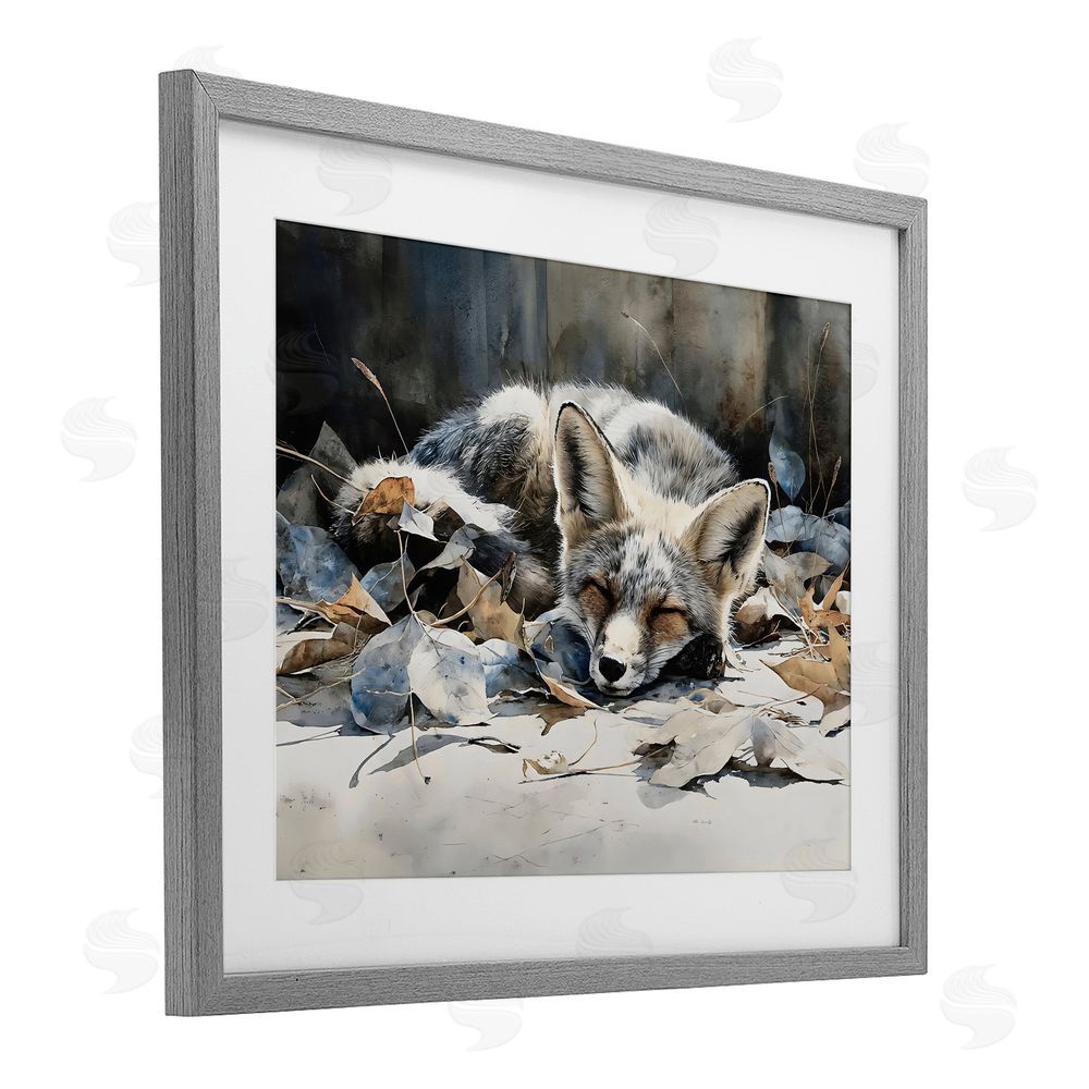Franklyn Gregory Blue Fox Resting Among Leaves Gray Framed Print Under Glass with Matting Wall Art