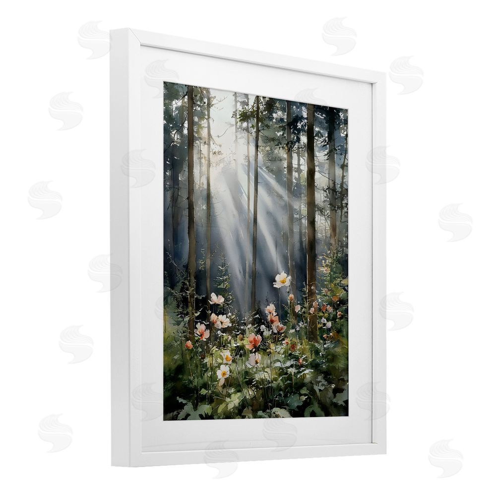 Franklyn Gregory Sunlit Woods In Morning White Framed Print Under Glass with White Mat Wall Art