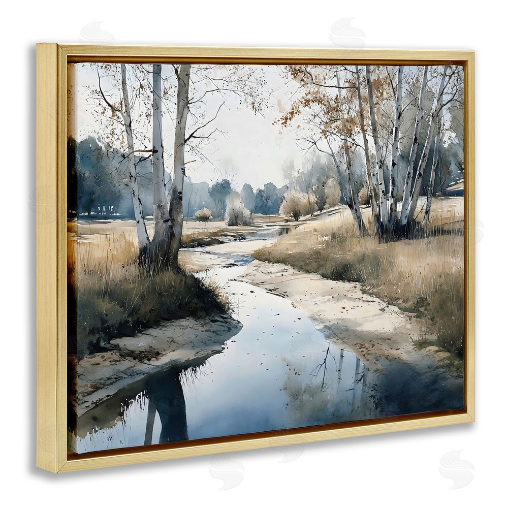 Franklyn Gregory Birch Tree Creek in Autumn Gold Floating Frame Stretched Canvas Wall Art Print