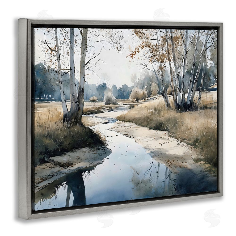 Franklyn Gregory Birch Tree Creek in Autumn Gray Floating Frame Stretched Canvas Wall Art Print