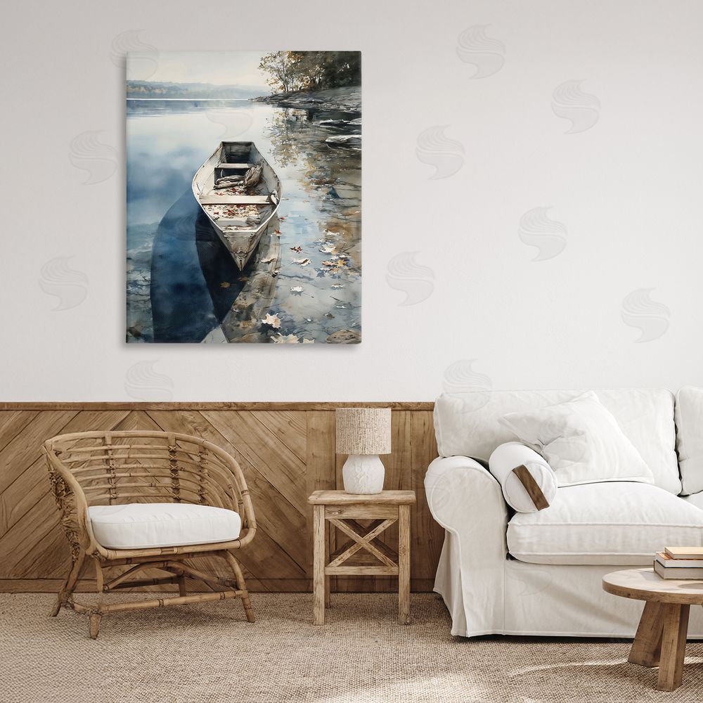 Franklyn Gregory Boat In The Fall Reflection Stretched Canvas Wall Art Print in Room