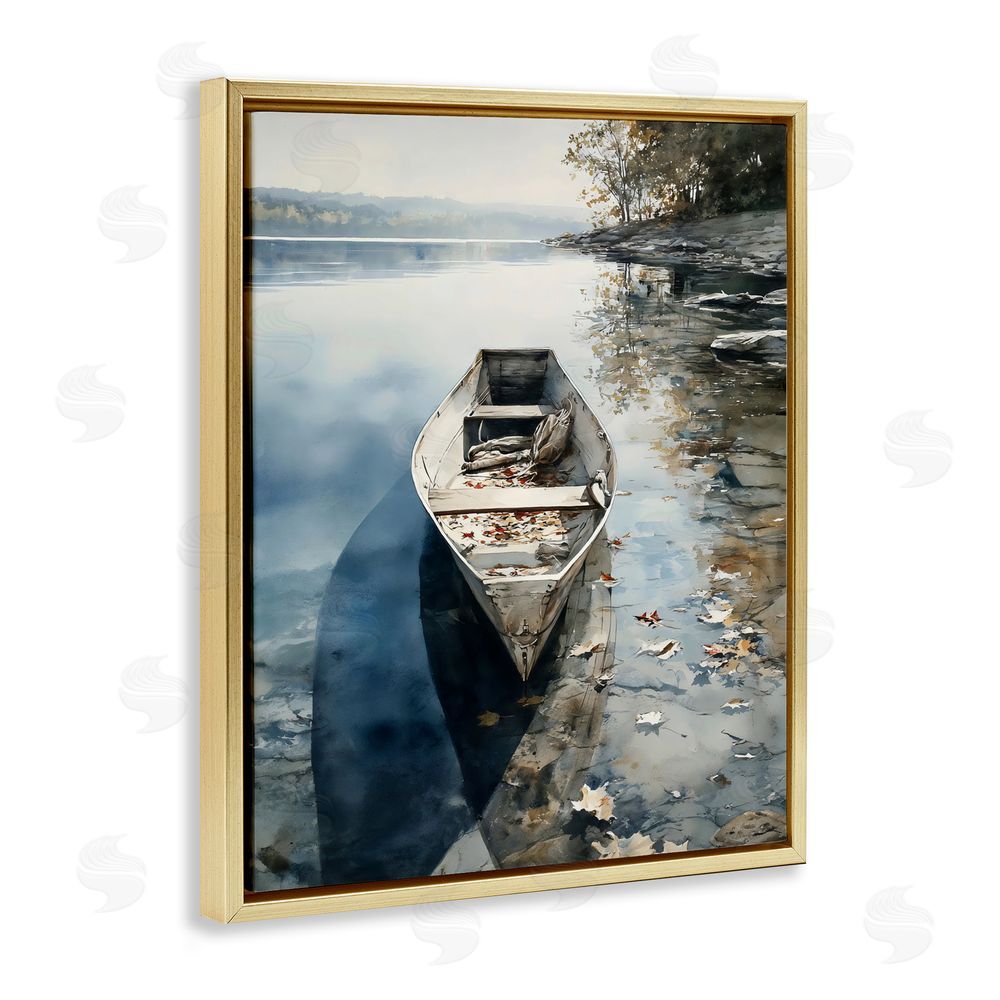 Franklyn Gregory Boat In The Fall Reflection Gold Floating Frame Stretched Canvas Wall Art Print