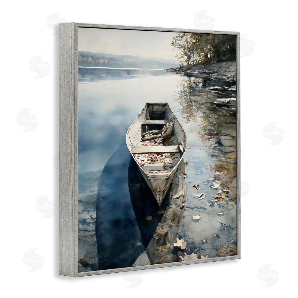 Franklyn Gregory Boat In The Fall Reflection Gray Framed Giclee Wall Art Print