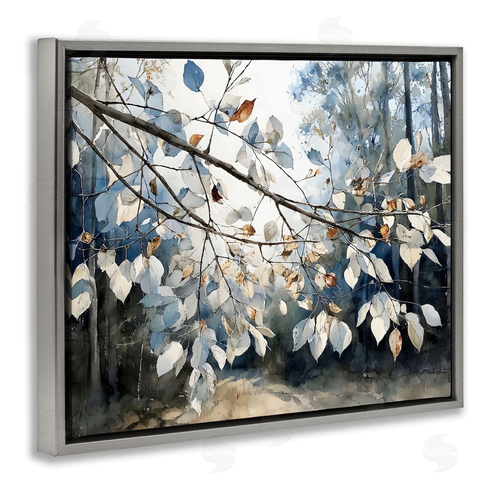 Franklyn Gregory Blue Fall Branch Leaves Gray Floating Frame Stretched Canvas Wall Art Print