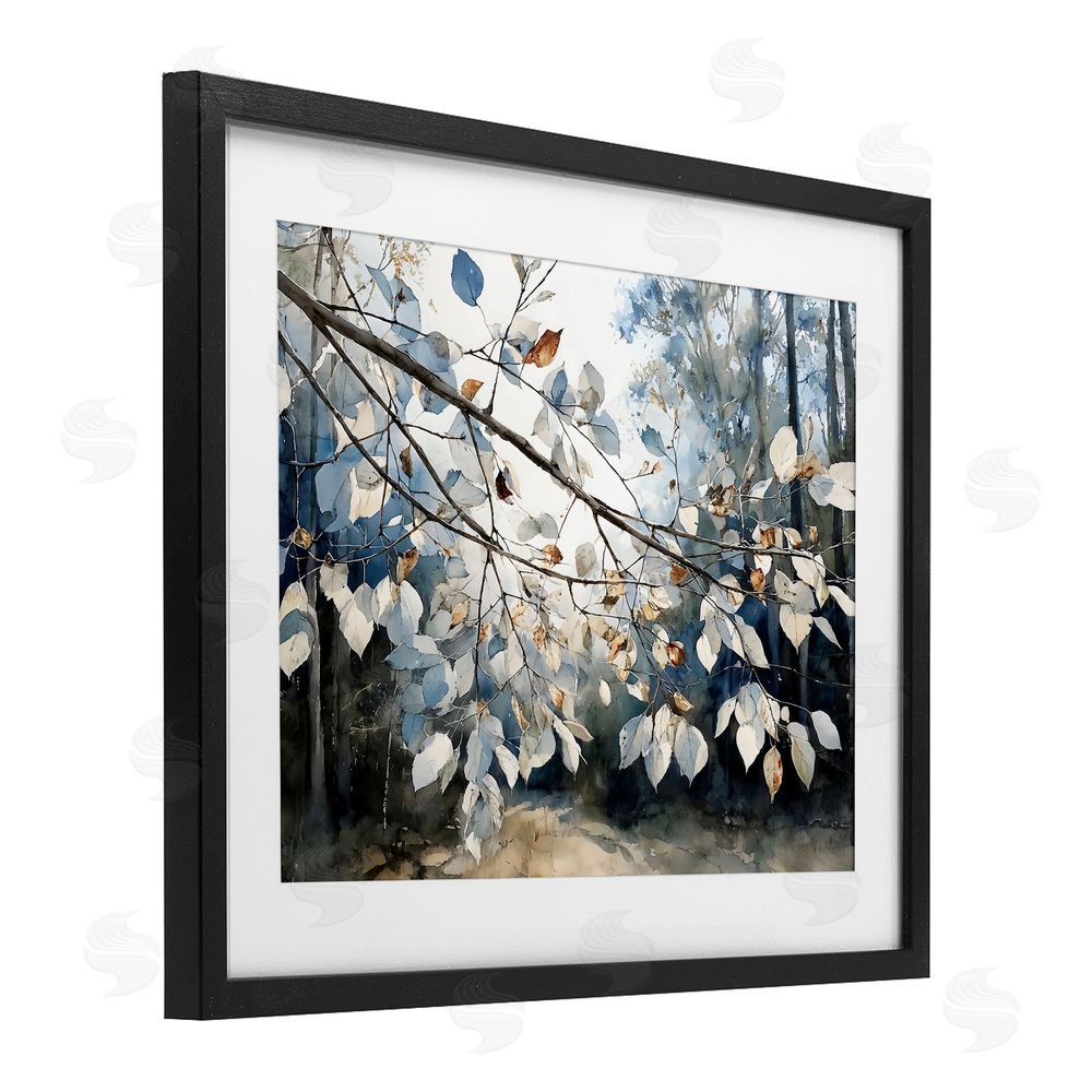 Franklyn Gregory Blue Fall Branch Leaves Black Framed Print Under Glass with Matting Wall Art