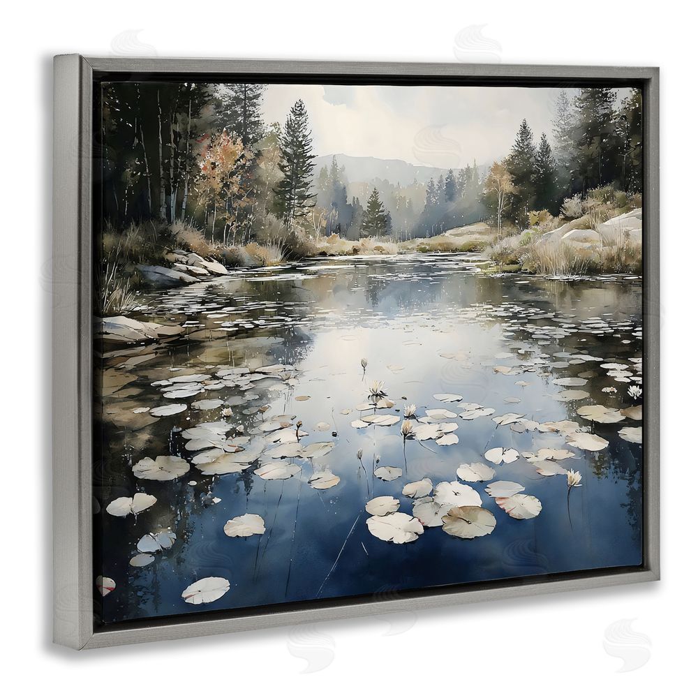 Franklyn Gregory Still Pond with Morning Reflections Gray Floating Framed Canvas Wall Art Print