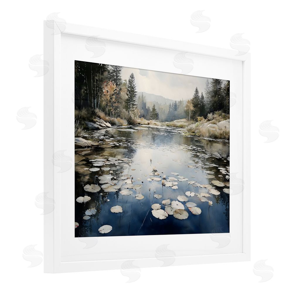 Franklyn Gregory Still Pond with Morning Reflections White Framed Print Under Glass with White Mat Wall Art