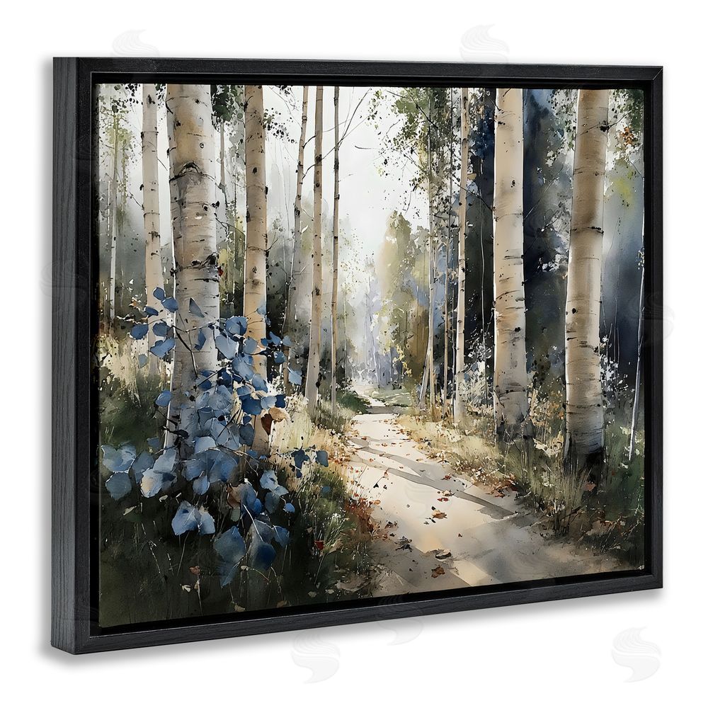 Franklyn Gregory Blue Birch Sunlit Forest Black Floating Frame Stretched Canvas Wall Art Print