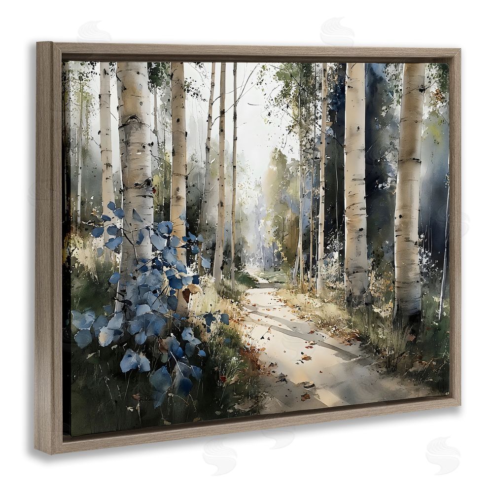 Franklyn Gregory Blue Birch Sunlit Forest Brown Floating Frame Stretched Canvas Wall Art Print