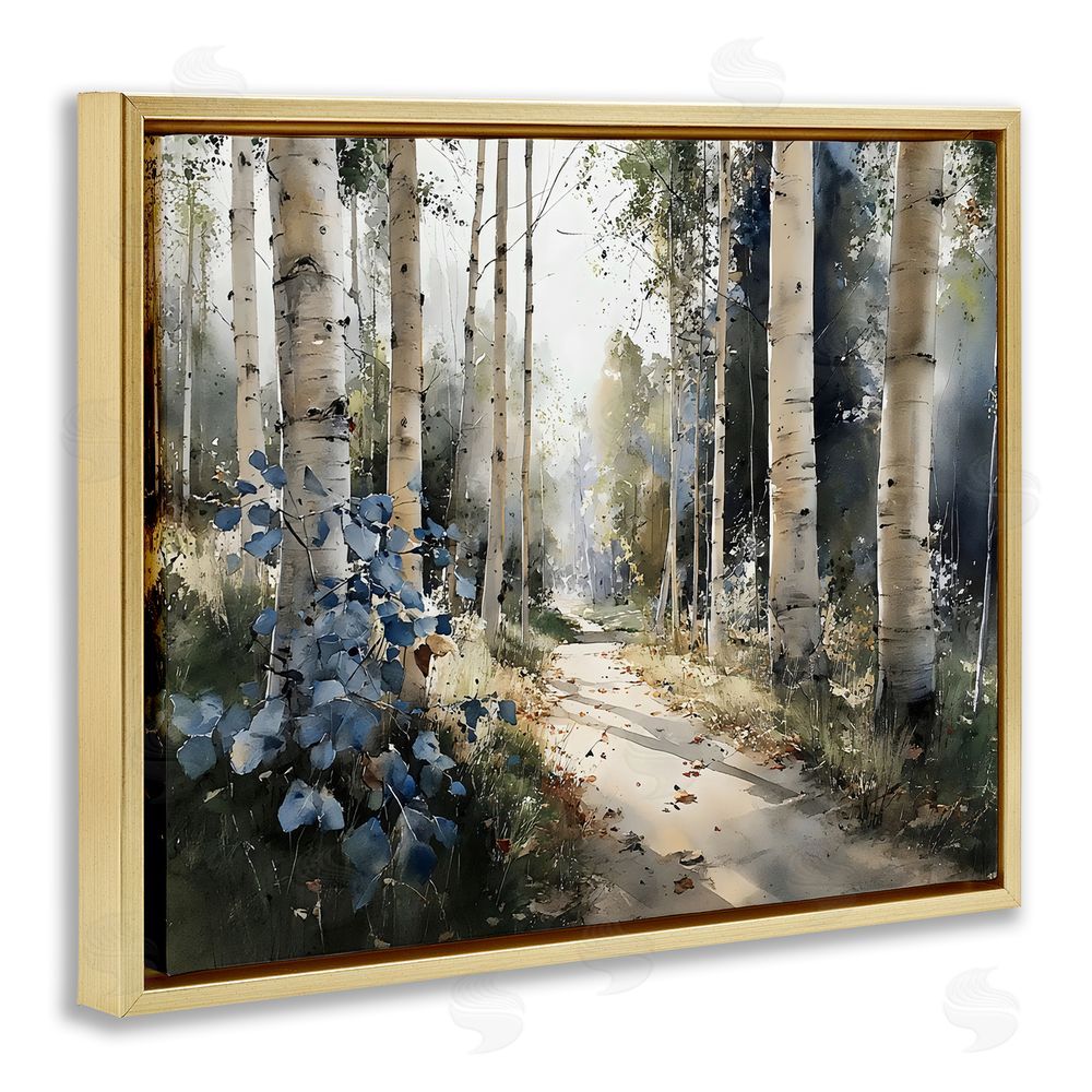Franklyn Gregory Blue Birch Sunlit Forest Gold Floating Frame Stretched Canvas Wall Art Print