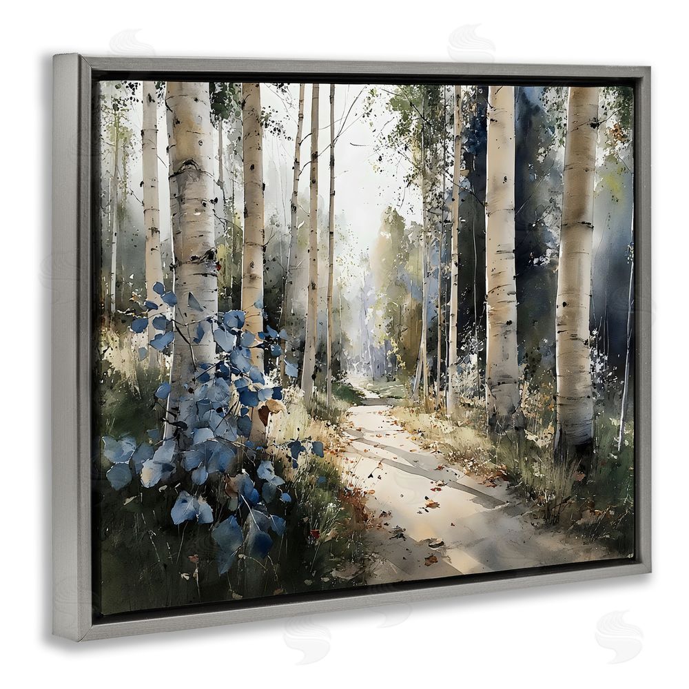 Franklyn Gregory Blue Birch Sunlit Forest Gray Floating Frame Stretched Canvas Wall Art Print