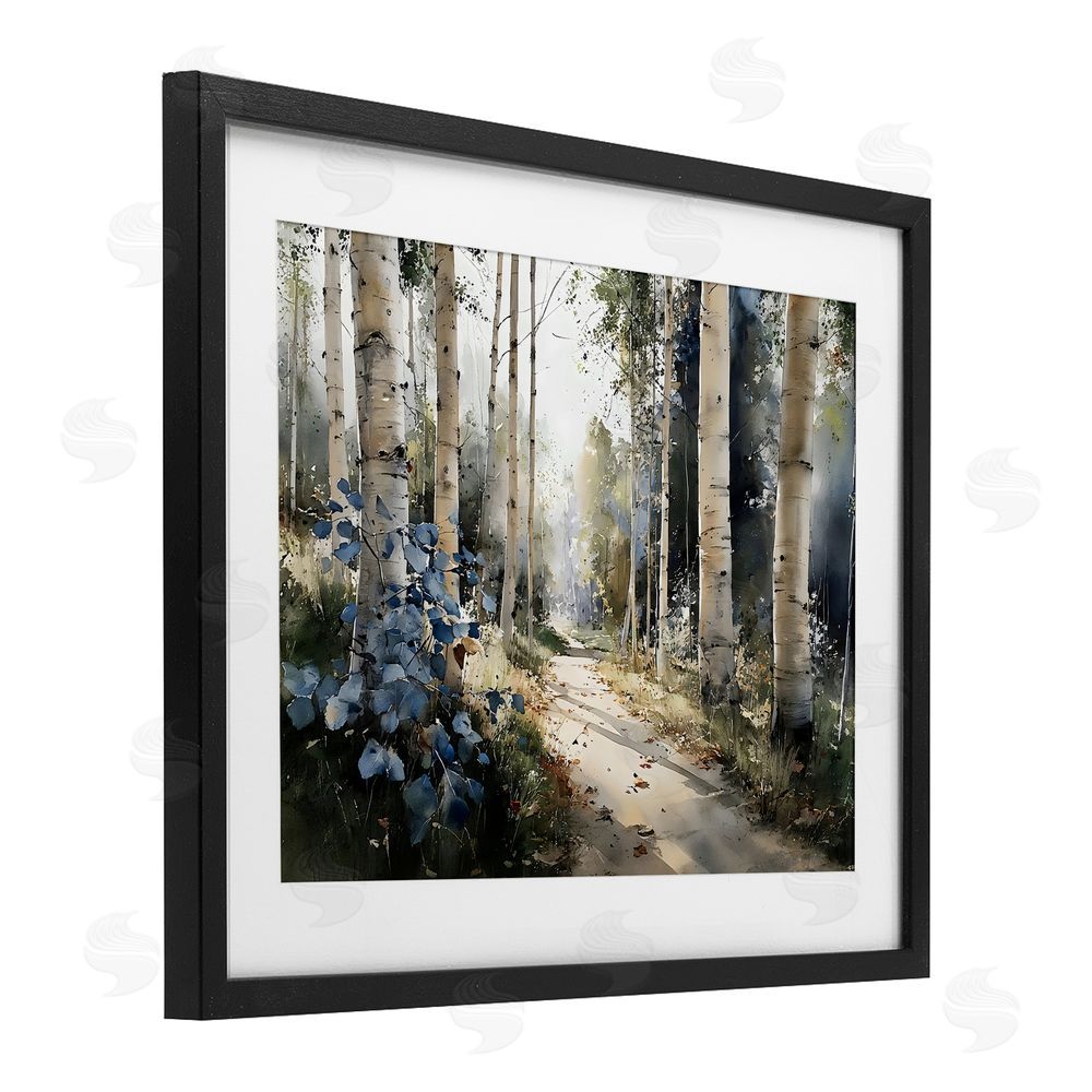 Franklyn Gregory Blue Birch Sunlit Forest Black Framed Print Under Glass with Matting Wall Art