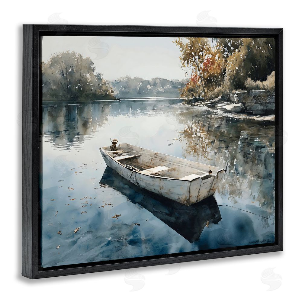 Franklyn Gregory Boat Ride Through Autumn Reflections Black Floating Frame Stretched Canvas Wall Art Print