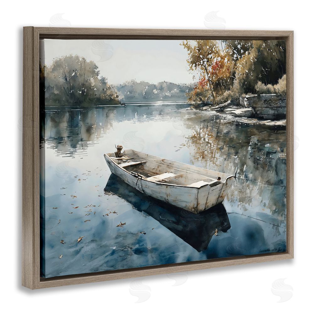 Franklyn Gregory Boat Ride Through Autumn Reflections Brown Floating Frame Stretched Canvas Wall Art Print