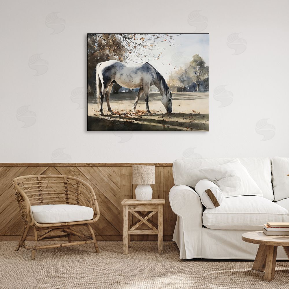Franklyn Gregory Grey & White Mare Grazing Stretched Canvas Wall Art in Room