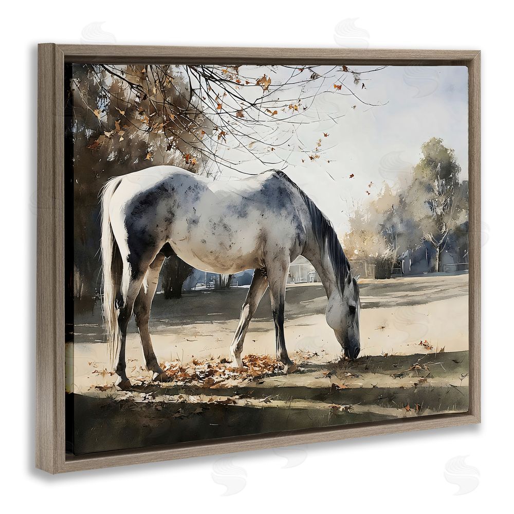 Franklyn Gregory Grey & White Mare Grazing Brown Floating Framed Canvas Wall Art