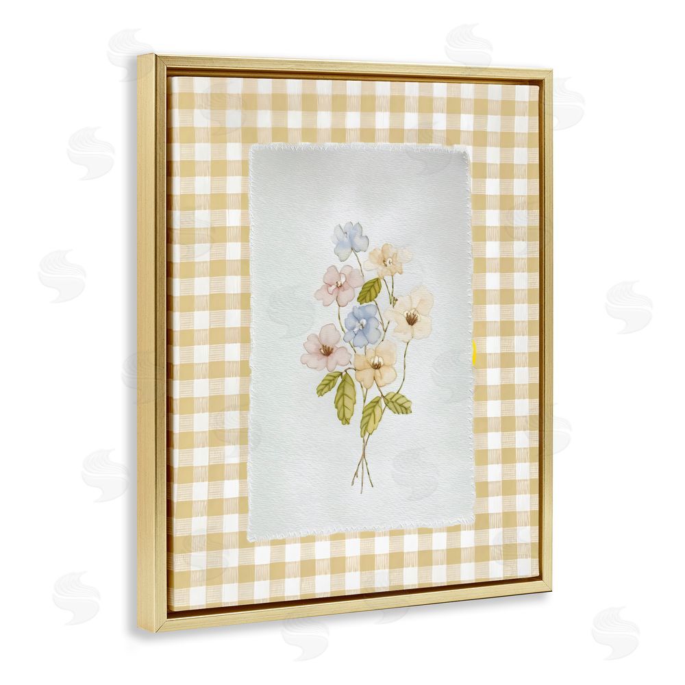 Arlington Prints Soft Gingham Flowers Gold Floating Framed Canvas Wall Art Print