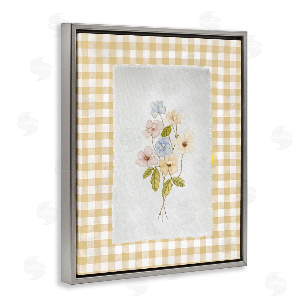 Arlington Prints Soft Gingham Flowers Gray Floating Framed Canvas Wall Art Print
