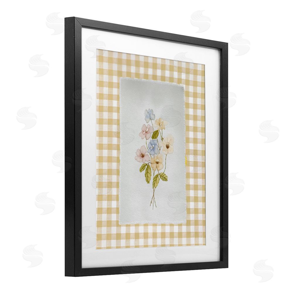 Arlington Prints Soft Gingham Flowers Black Framed Print Under Glass with White Mat Wall Art