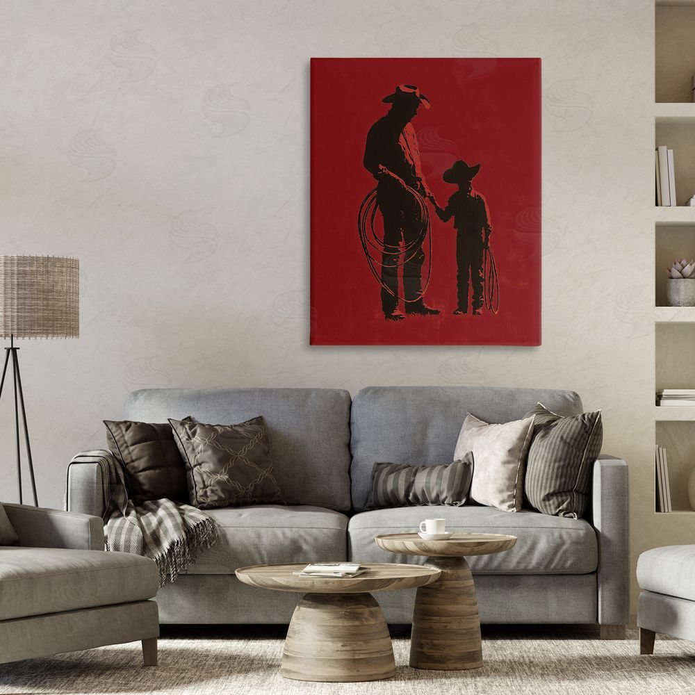 Arlington Prints Burgundy Cowboy Father & Son Stretched Canvas Wall Art Print in Room