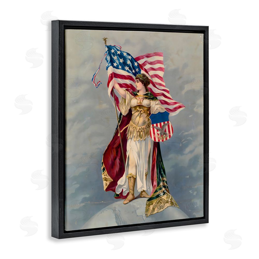 Arlington Prints Columbia Standing with American Flag Black Floating Frame Canvas Wall Art Print