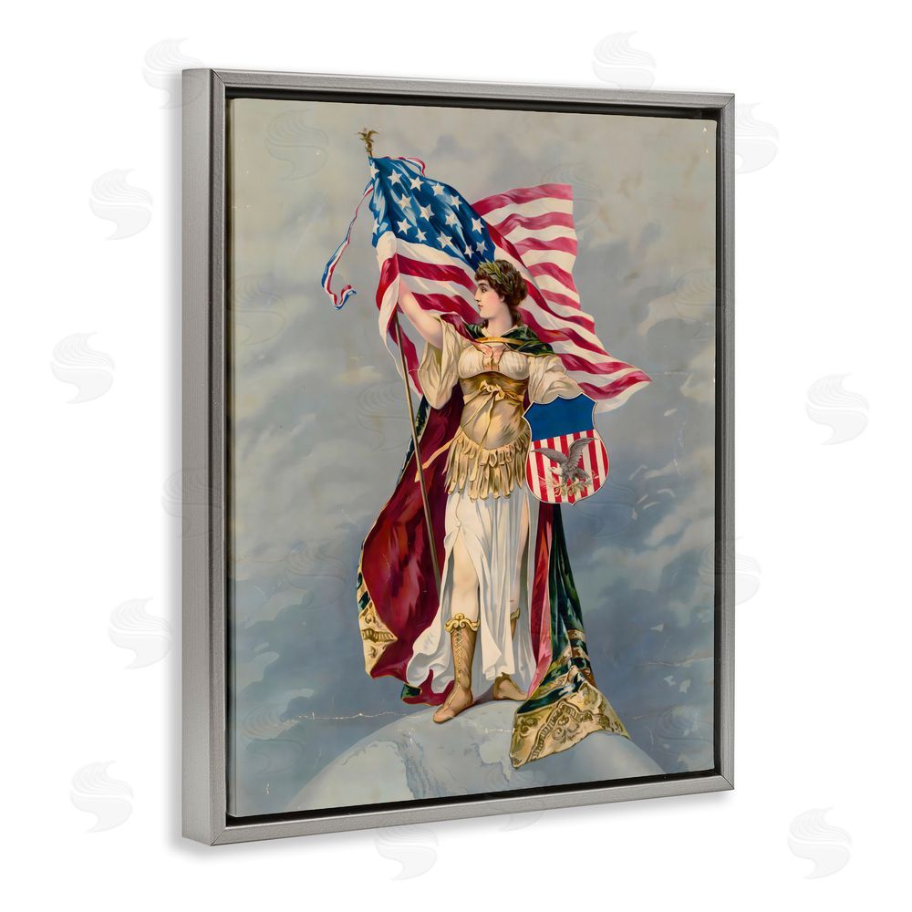Arlington Prints Columbia Standing with American Flag Gray Floating Frame Canvas Wall Art Print