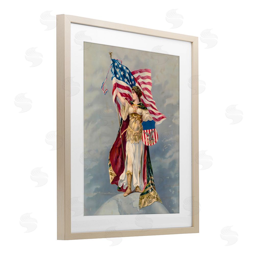 Arlington Prints Columbia Standing with American Flag Brown Framed Print Under Glass Wall Art