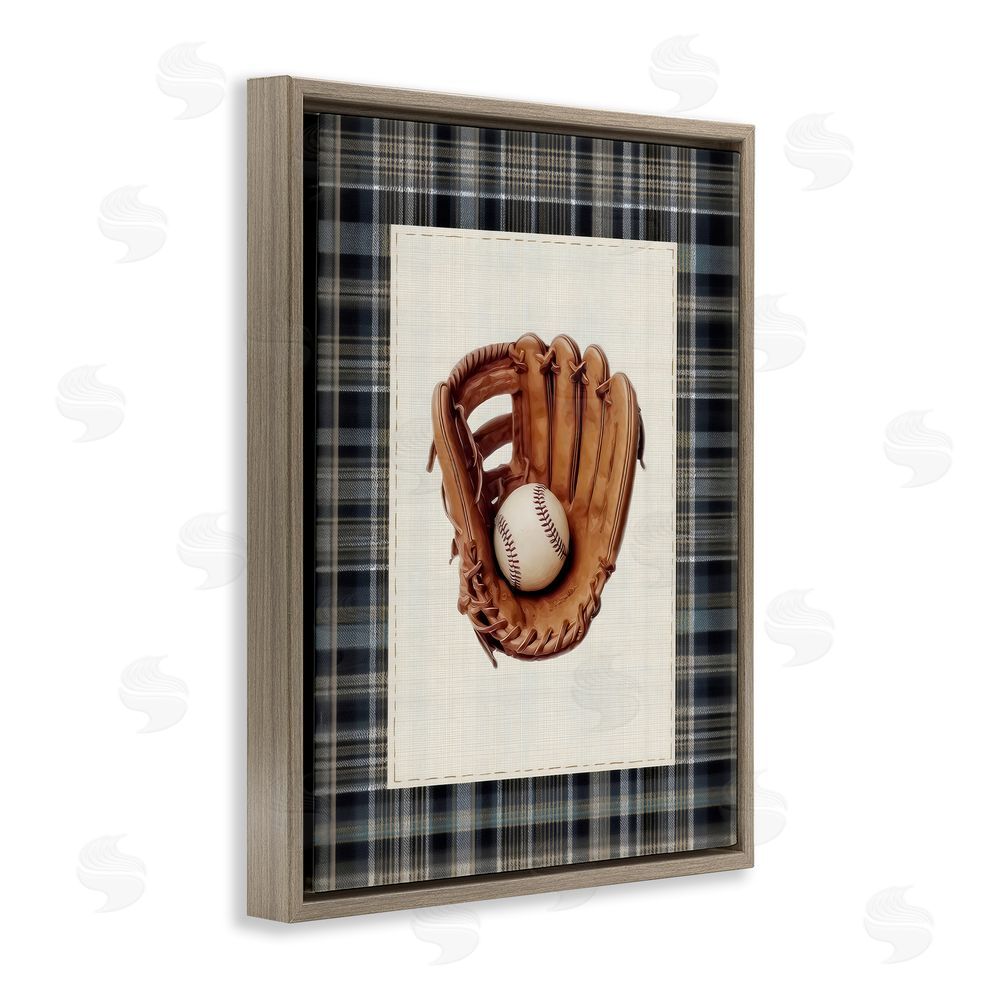 Arlington Prints Baseball Glove with Plaid Brown Floating Frame Canvas Wall Art Print