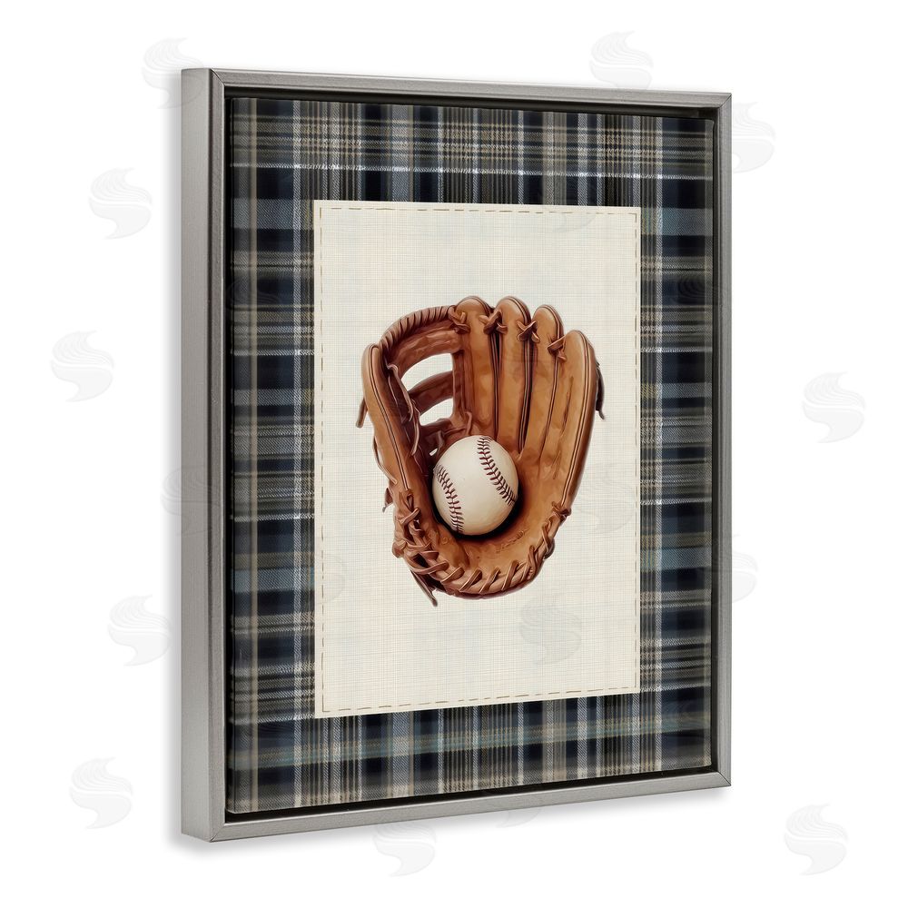 Arlington Prints Baseball Glove with Plaid Gray Floating Frame Canvas Wall Art Print