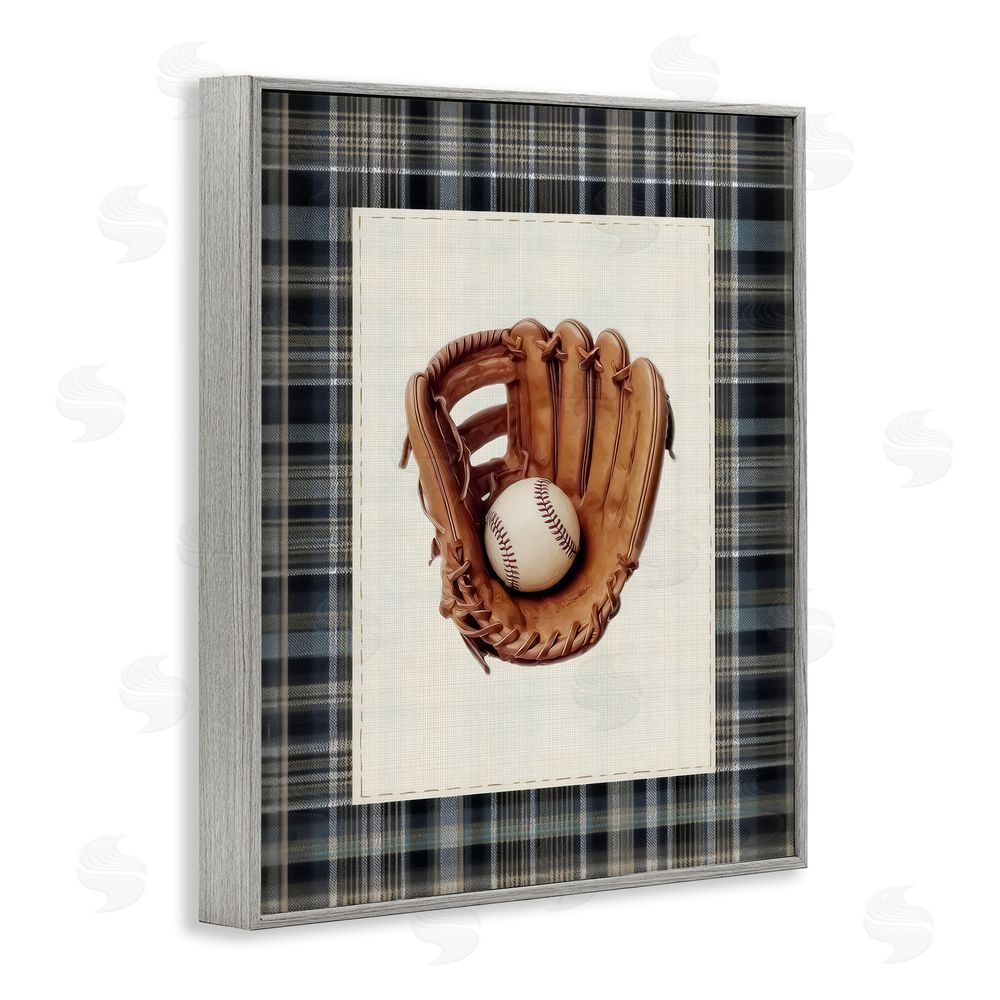 Arlington Prints Baseball Glove with Plaid Gray Framed Giclee Wall Art Print