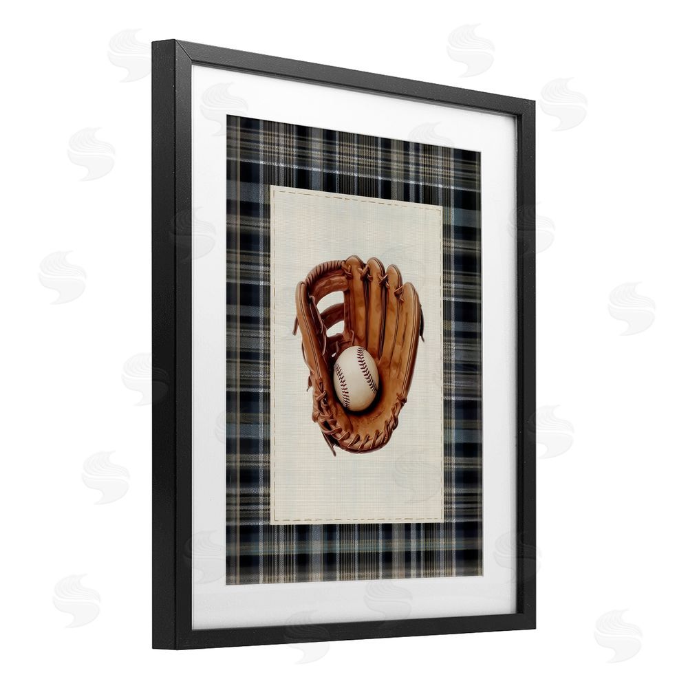 Arlington Prints Baseball Glove with Plaid Black Framed Print Under Glass Wall Art