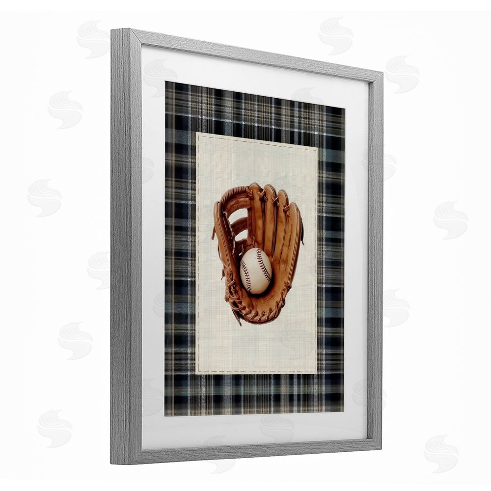 Arlington Prints Baseball Glove with Plaid Gray Framed Print Under Glass Wall Art