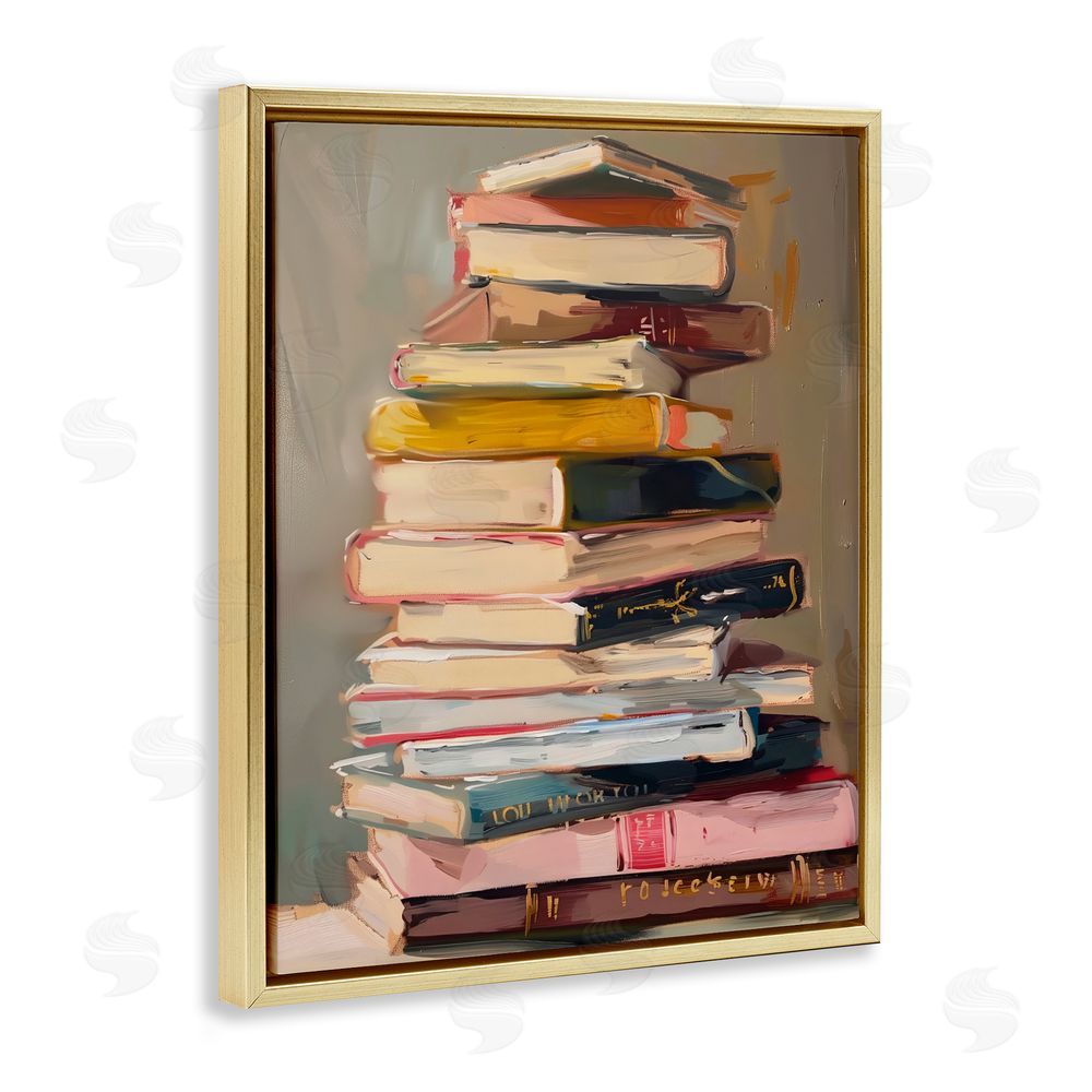 LSR Design Studio Well Loved Bookstack Gold Floating Framed Canvas Wall Art Print
