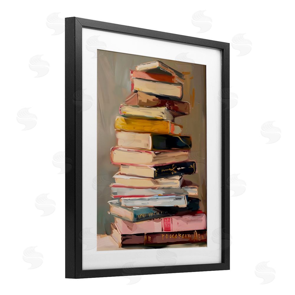 LSR Design Studio Well Loved Bookstack Black Framed Print Under Glass with White Mat Wall Art