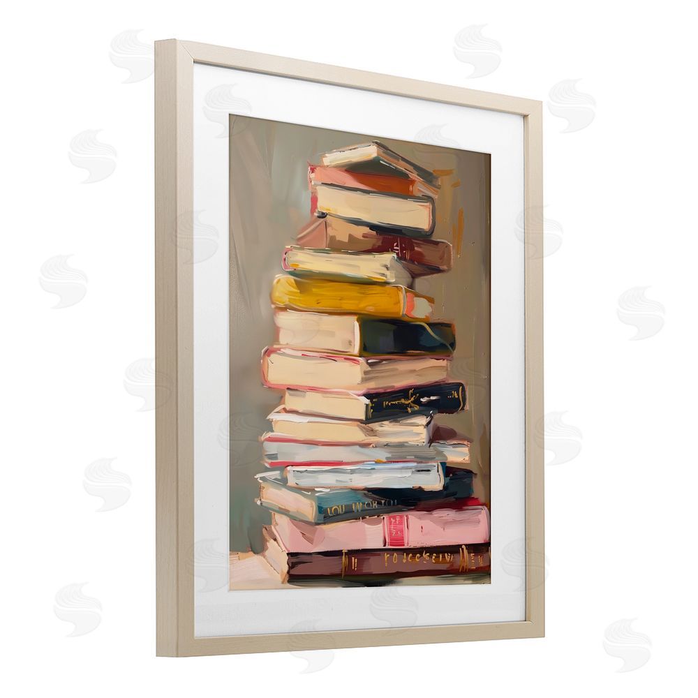 LSR Design Studio Well Loved Bookstack Brown Framed Print Under Glass with White Mat Wall Art