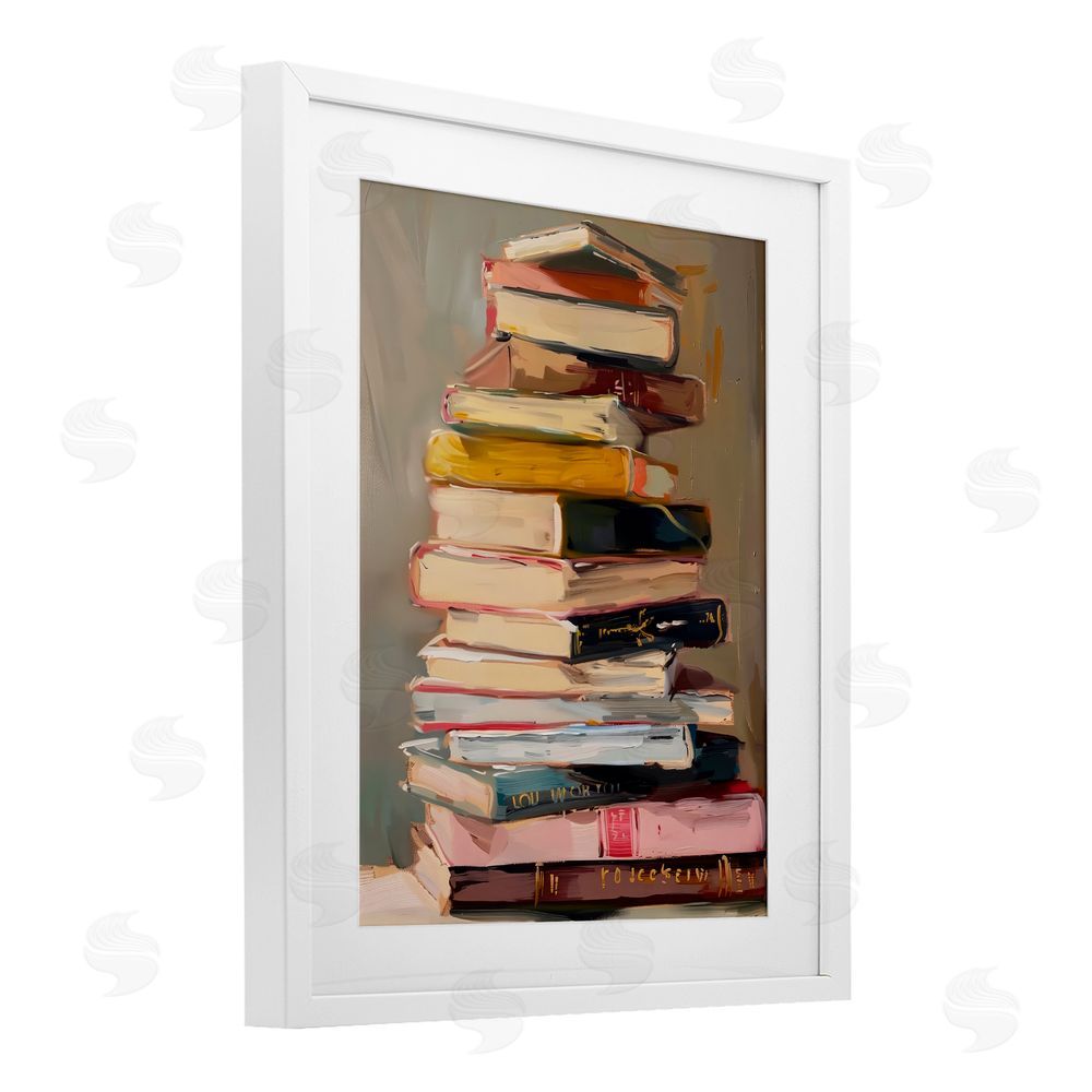 LSR Design Studio Well Loved Bookstack White Framed Print Under Glass with White Mat Wall Art