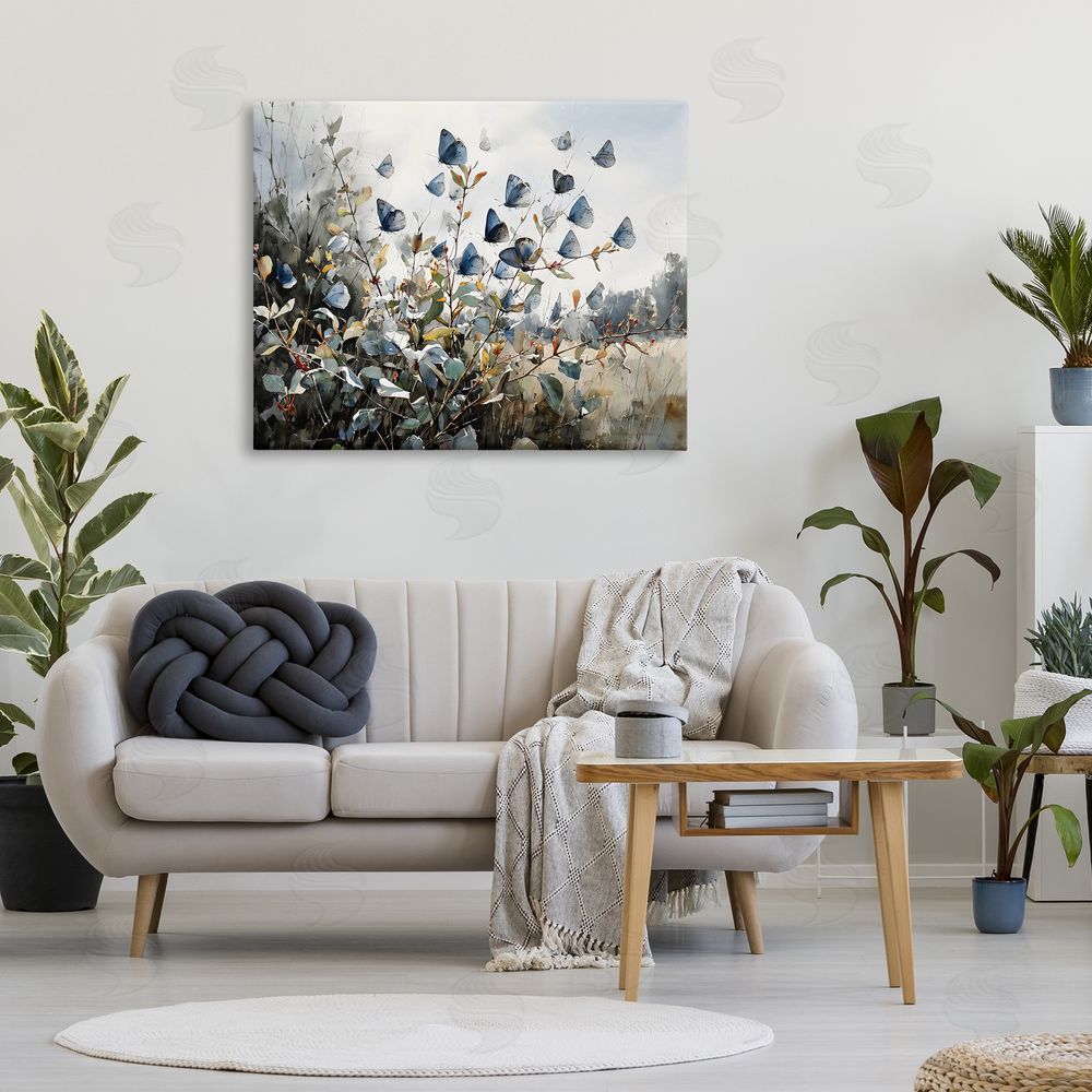 Franklyn Gregory Blue Butterflies Among Meadow Leaves Stretched Canvas Wall Art Print in Room
